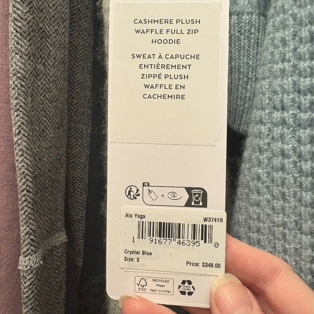 ALO Cashmere Plus Waffle Full Zip Hoodie - Crystal Blue NWT - Picture 2 of 9